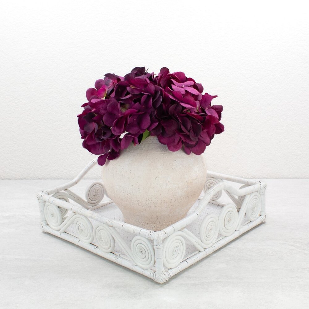 1940s Vintage Inspired Swirly Square Rattan Tray- Whitewash